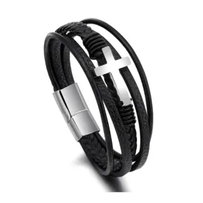 Braided Leather Magnetic Cross Bracelet (Circumference 23cm) 編織皮革磁扣十字架手鍊 (鍊長 23cm) (KJBR16073)
