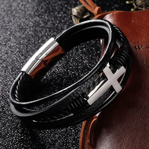 Braided Leather Magnetic Cross Bracelet (Circumference 23cm) 編織皮革磁扣十字架手鍊 (鍊長 23cm) (KJBR16073)
