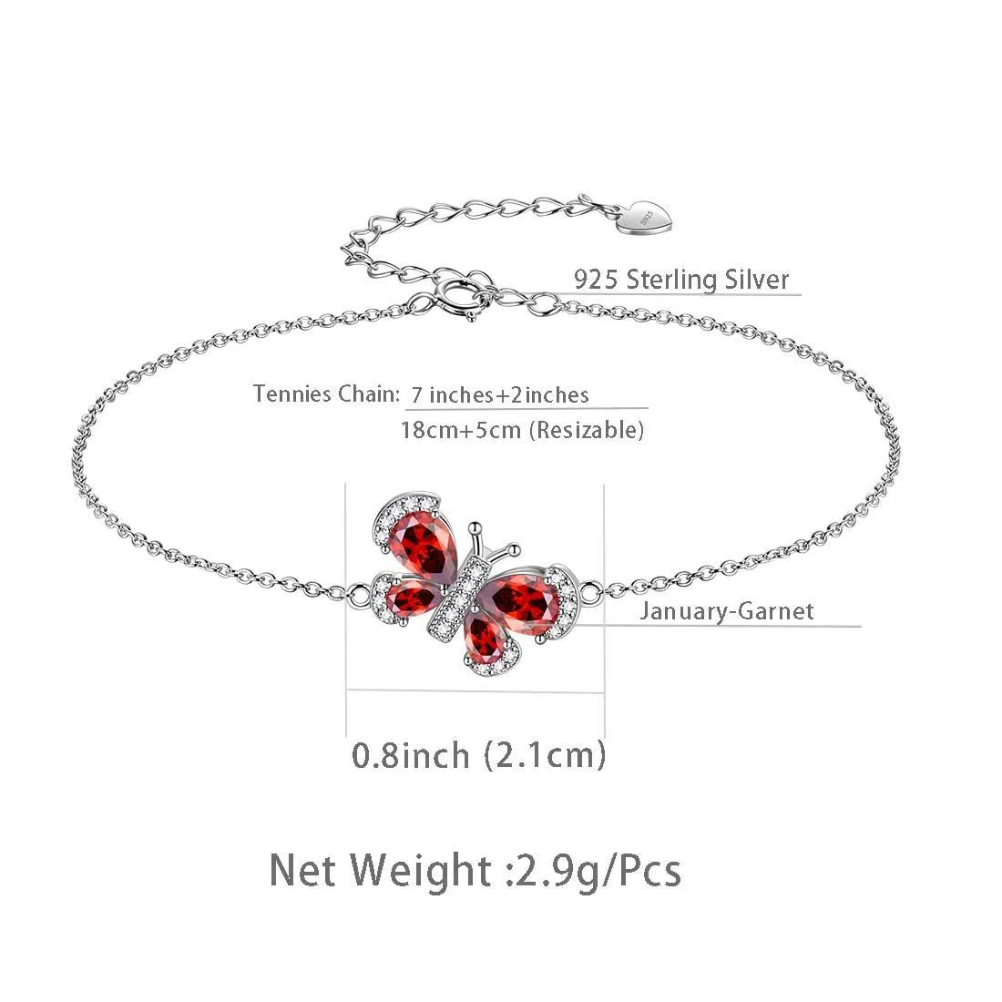 Butterfly Bracelet Birthstone January Garnet Crystal Women Girls Jewelry Birthday Gift