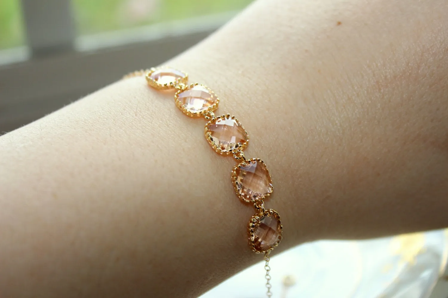 Champagne Blush Bracelet Gold Plated Peach Bracelet - Christmas Gift - Bridesmaid Bracelet - Bridal Bracelet Champagne Blush Wedding Jewelr