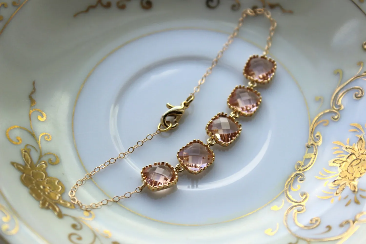 Champagne Blush Bracelet Gold Plated Peach Bracelet - Christmas Gift - Bridesmaid Bracelet - Bridal Bracelet Champagne Blush Wedding Jewelr