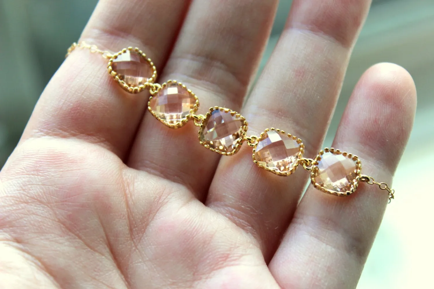 Champagne Blush Bracelet Gold Plated Peach Bracelet - Christmas Gift - Bridesmaid Bracelet - Bridal Bracelet Champagne Blush Wedding Jewelr