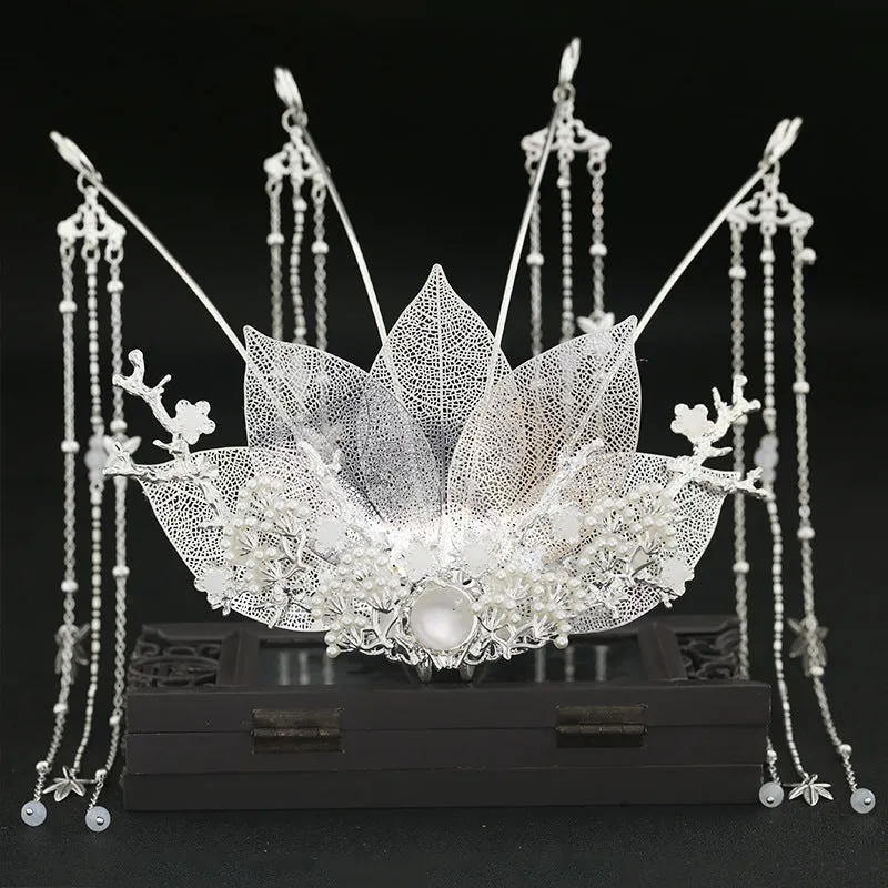 Chinese Wei Jin Dynasty Style Earrings Maple Leaf Long Fringe Hair Crown Set