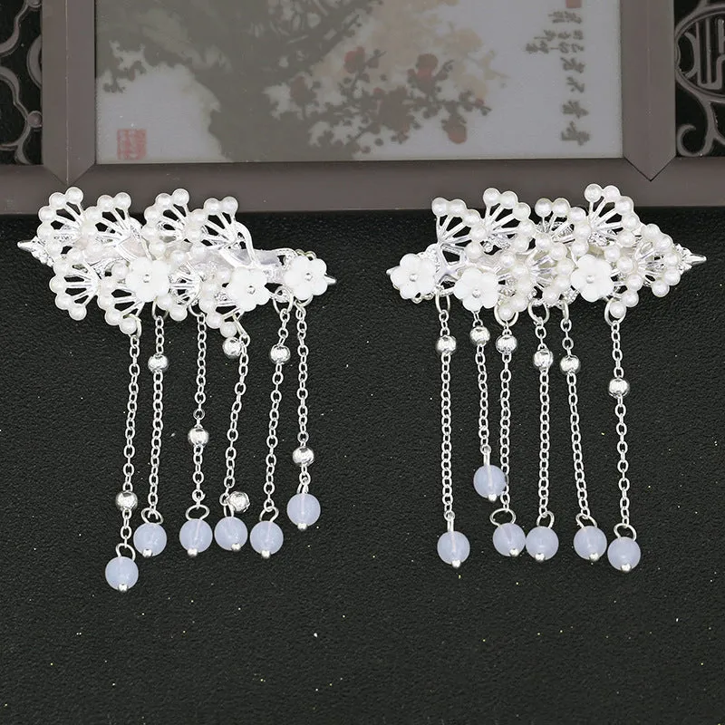 Chinese Wei Jin Dynasty Style Earrings Maple Leaf Long Fringe Hair Crown Set