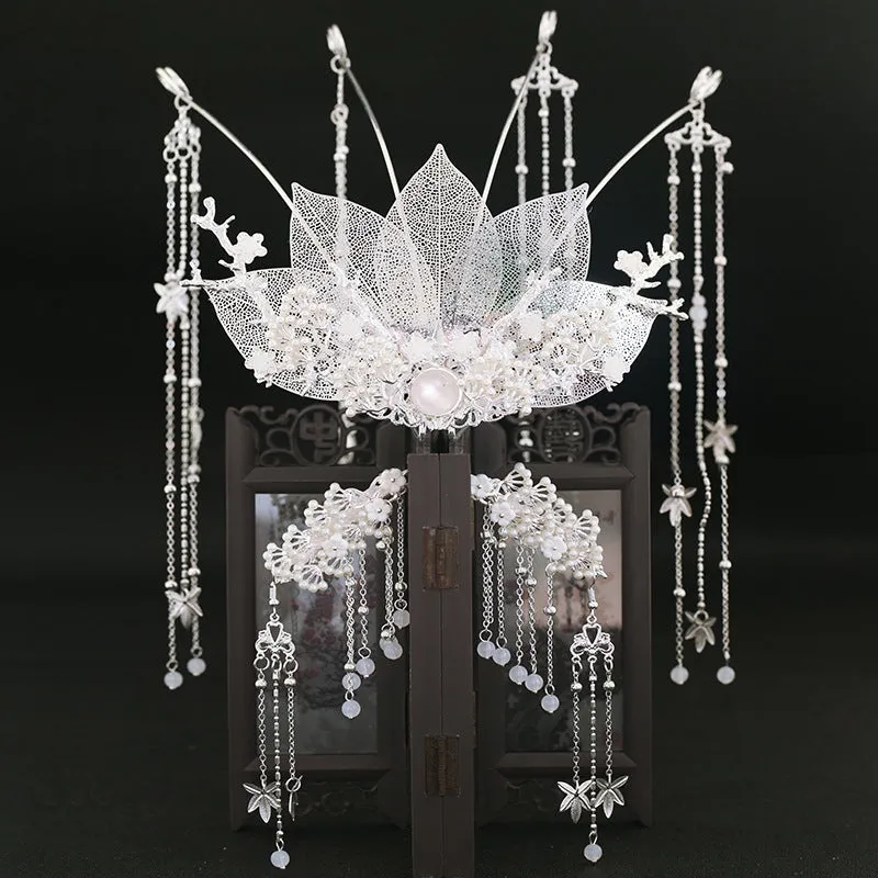 Chinese Wei Jin Dynasty Style Earrings Maple Leaf Long Fringe Hair Crown Set