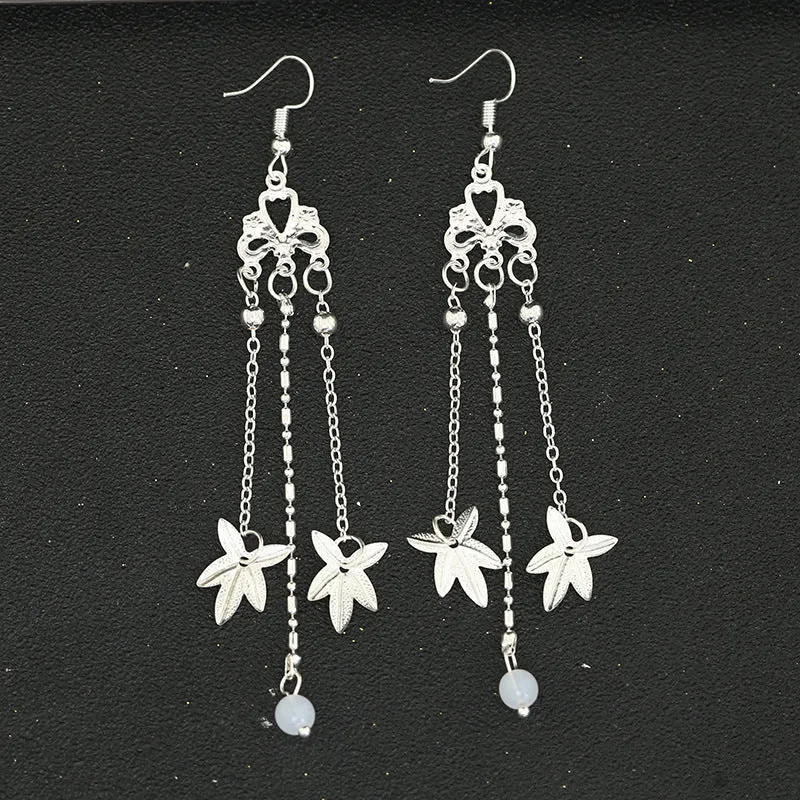 Chinese Wei Jin Dynasty Style Earrings Maple Leaf Long Fringe Hair Crown Set