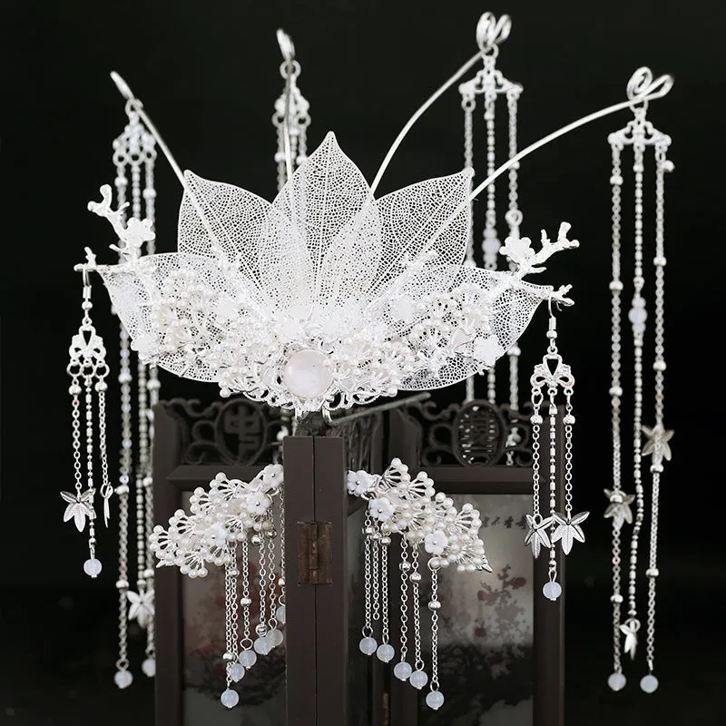 Chinese Wei Jin Dynasty Style Earrings Maple Leaf Long Fringe Hair Crown Set