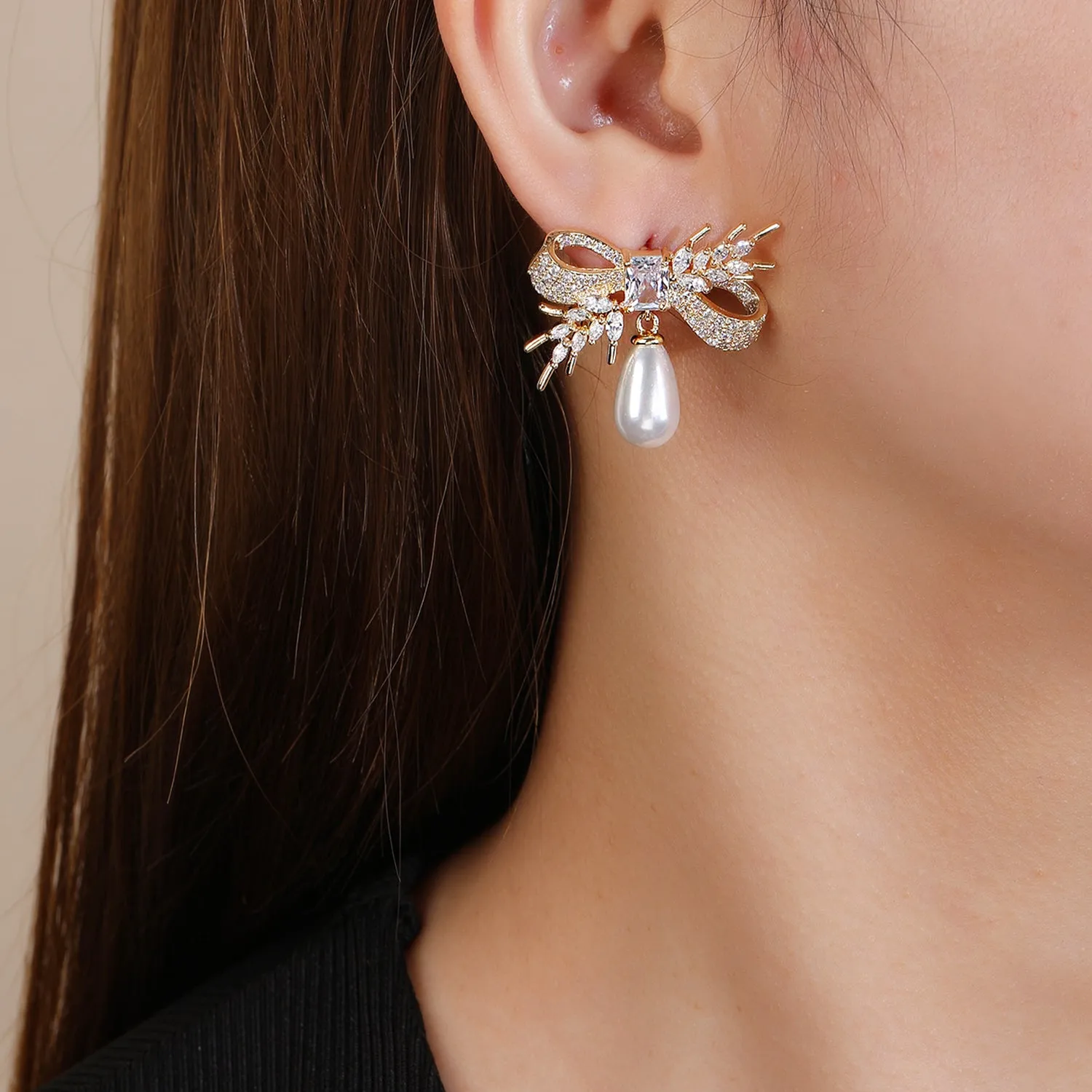 Cubic Zirconia Rosette Dangle Earring for Wedding, Pearl Prom Dangle Jewelry for Women and Bride CE11953
