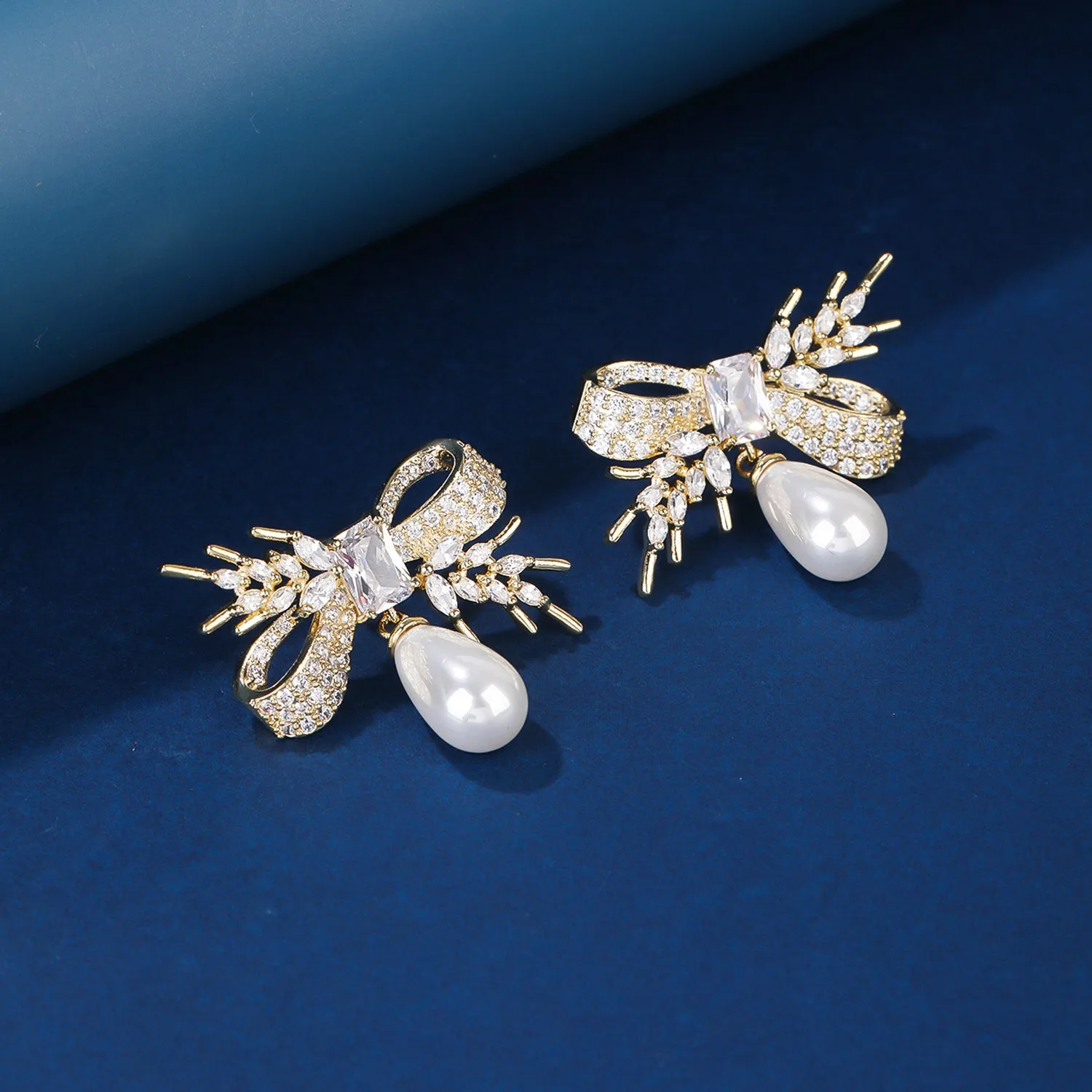Cubic Zirconia Rosette Dangle Earring for Wedding, Pearl Prom Dangle Jewelry for Women and Bride CE11953