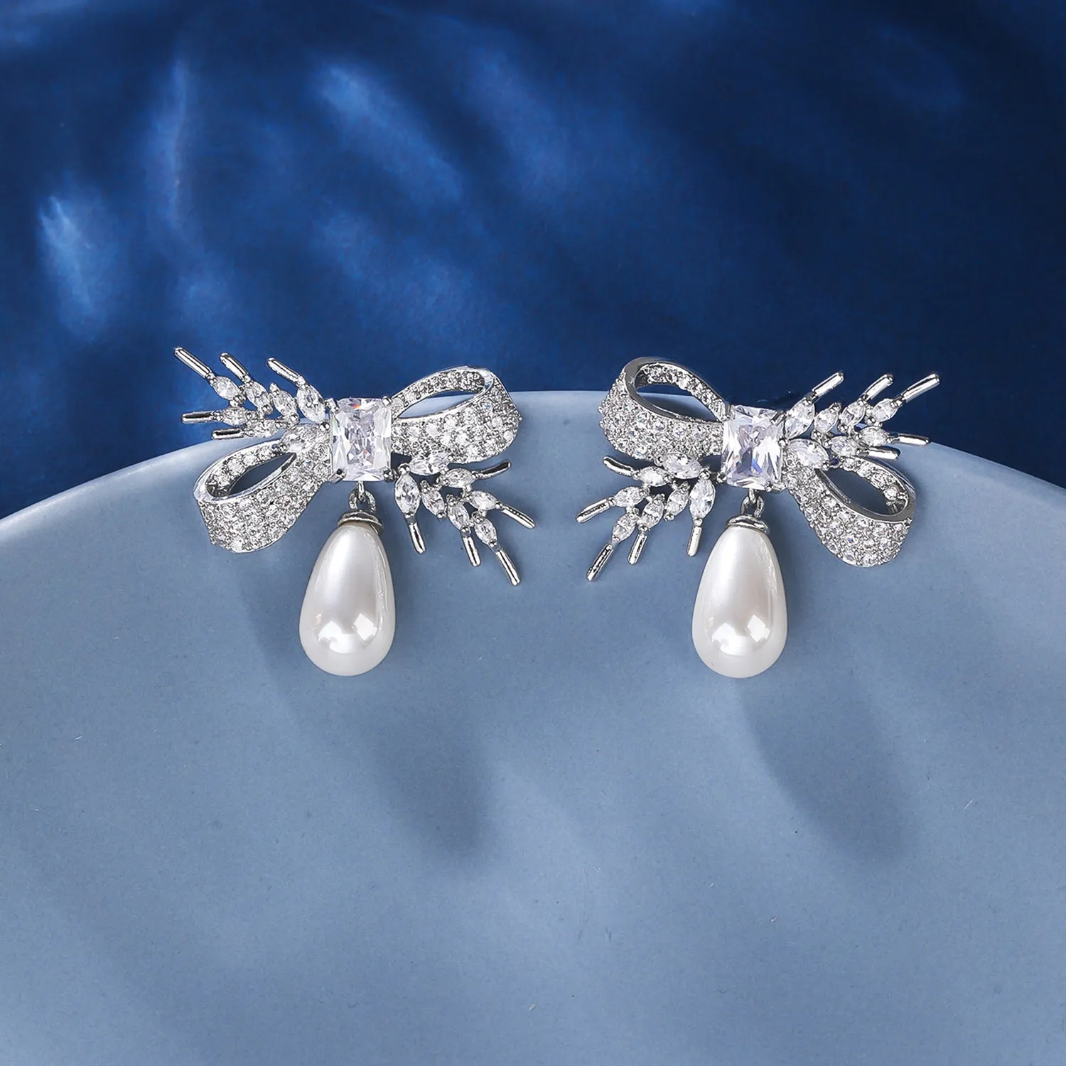 Cubic Zirconia Rosette Dangle Earring for Wedding, Pearl Prom Dangle Jewelry for Women and Bride CE11953