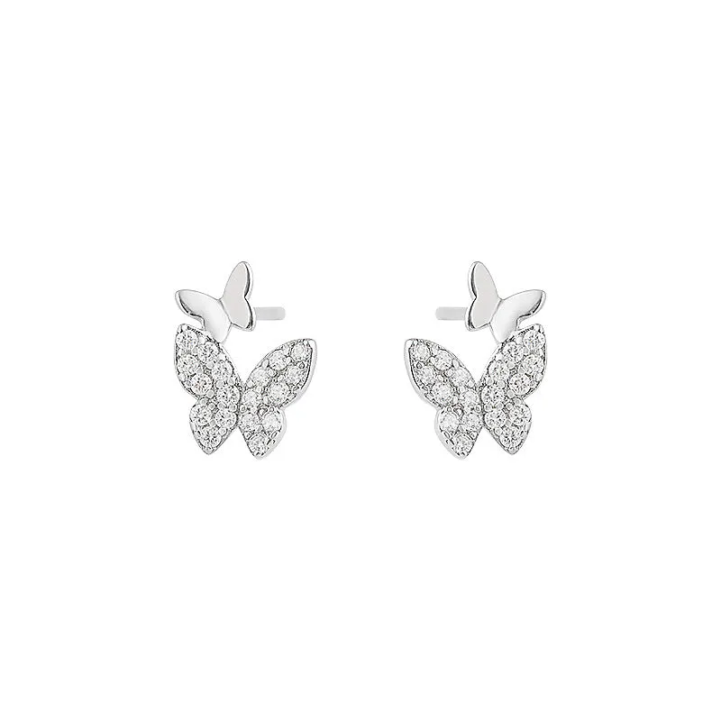 Double Butterflies with Zircon Silver Studs Earrings for Women