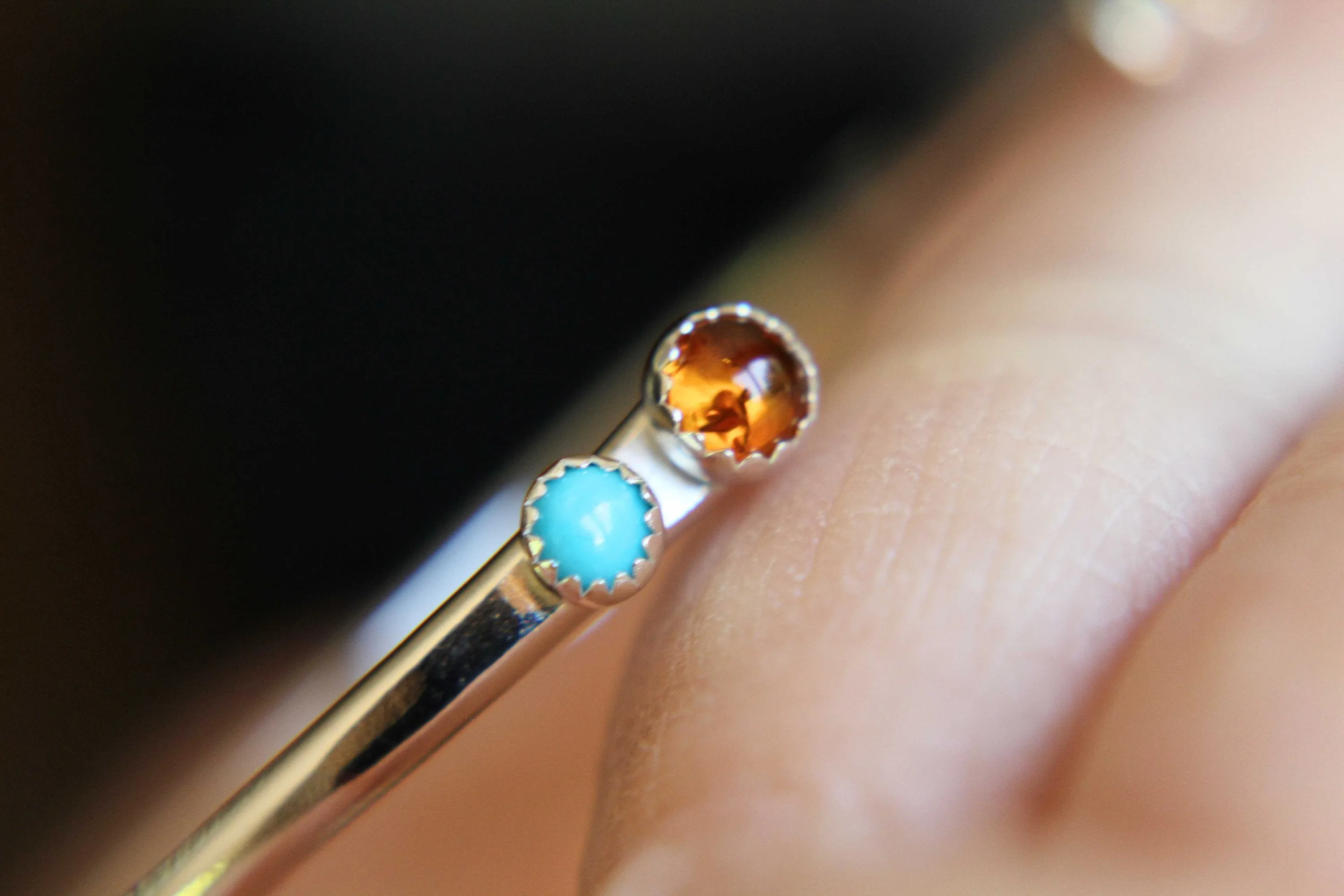 Double Gemstone Bracelet, Sterling Silver Bracelet, Amber Cuff Bracelet, Sterling Turquoise Jewelry, Amber and Turquoise Cuff, Boho, Gift
