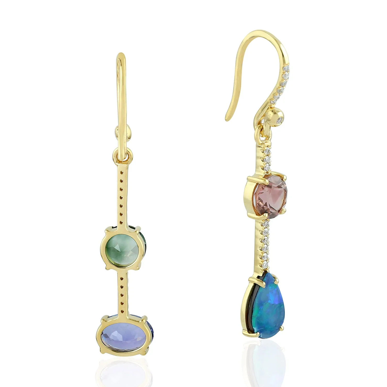 Doublet Opals Dangle Earrings 18k Yellow Gold Diamond Gemstone Jewelry