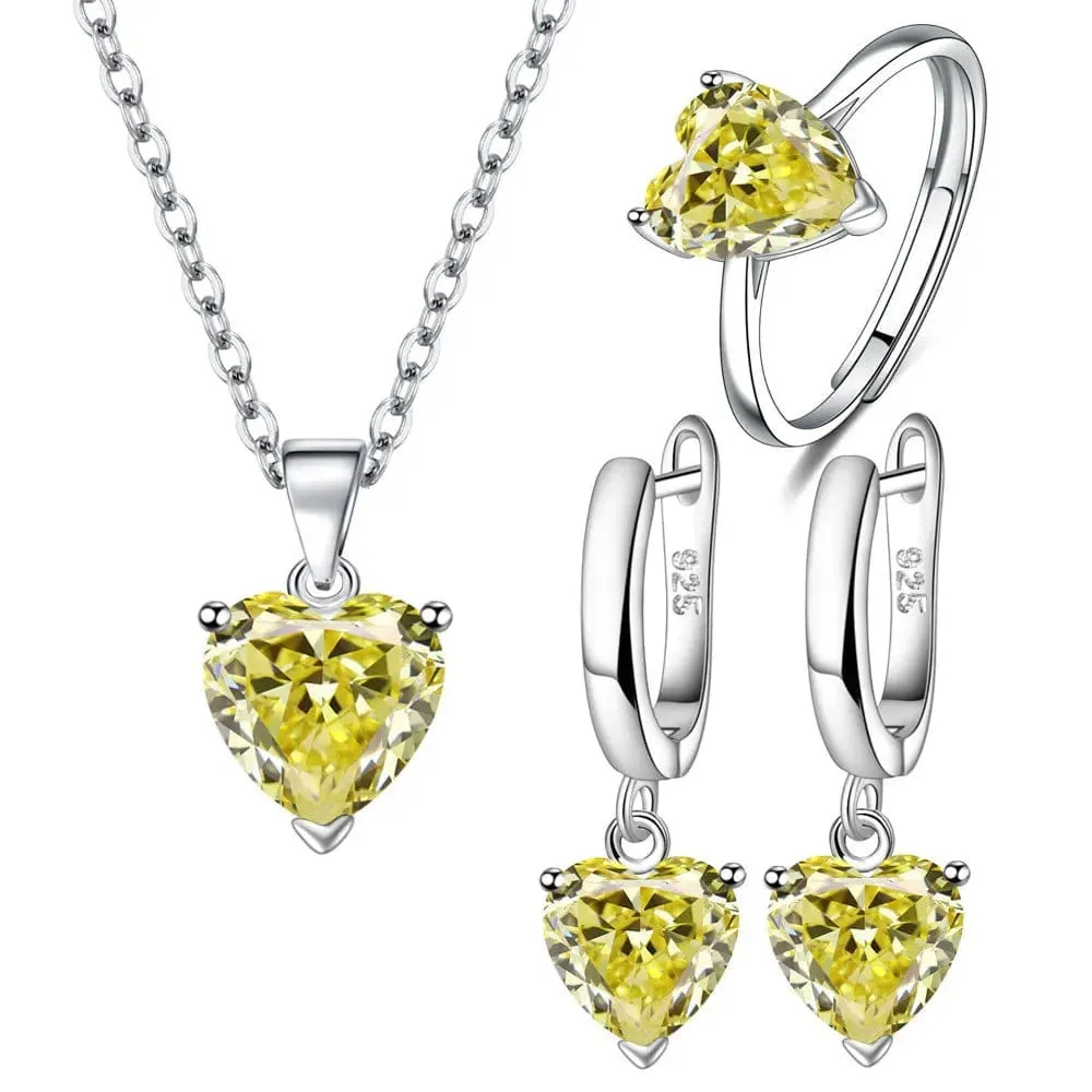 Elegant 925 Sterling Silver Jewelry Sets For Women Heart Zircon Ring Earrings Necklace