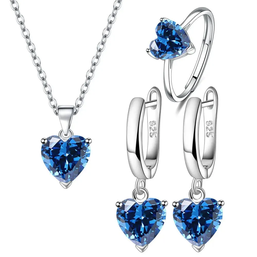 Elegant 925 Sterling Silver Jewelry Sets For Women Heart Zircon Ring Earrings Necklace