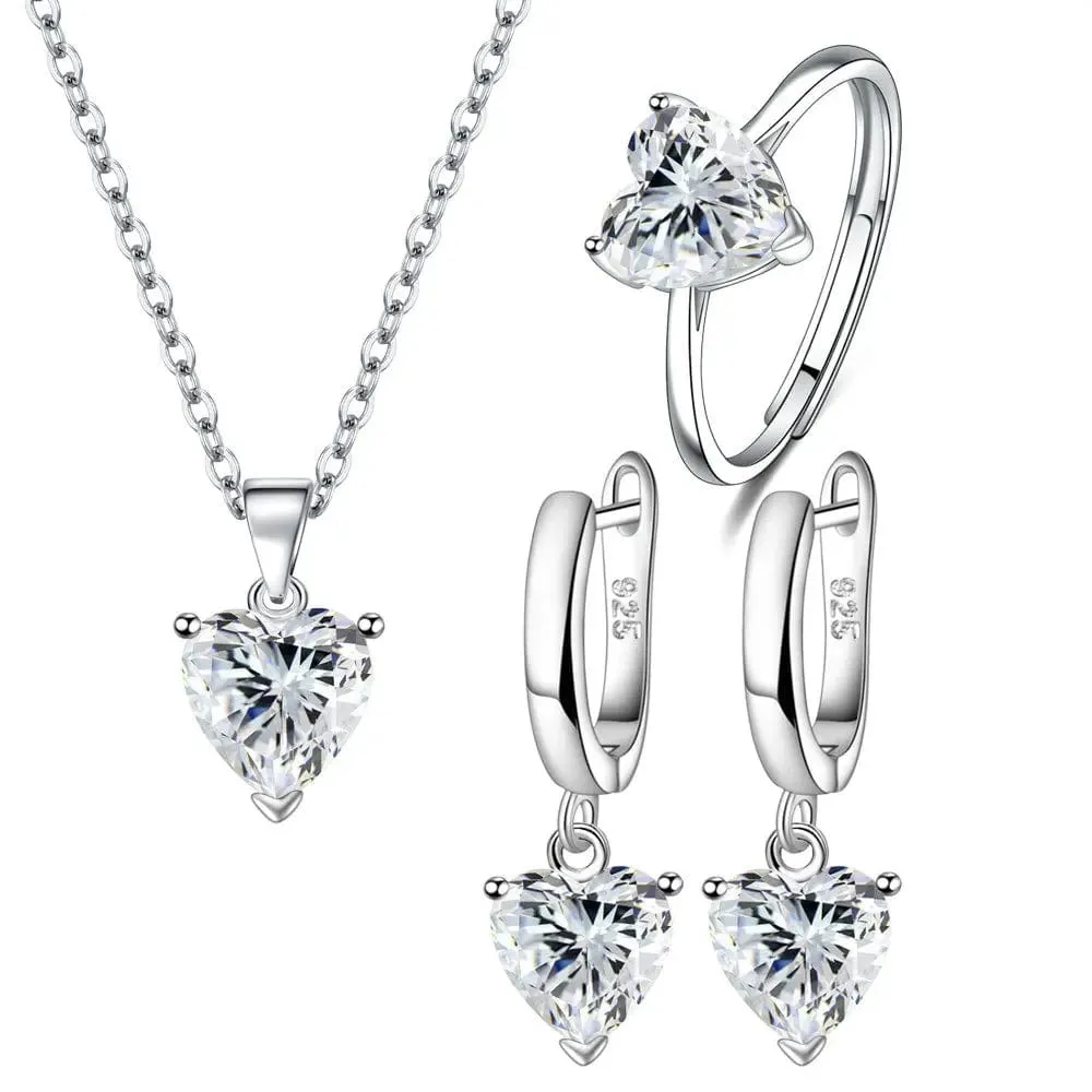 Elegant 925 Sterling Silver Jewelry Sets For Women Heart Zircon Ring Earrings Necklace