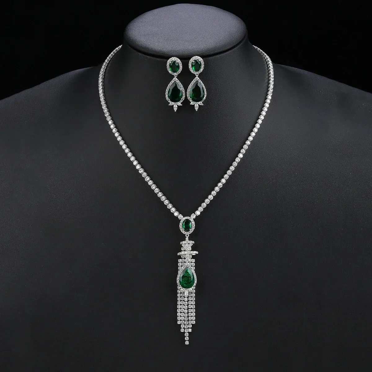 Elegant CZ Cubic Zirconia Long Tassels Pendant Necklace  Earrings Set Bridal Wedding Jewelry Sets for Women Gift CN11008