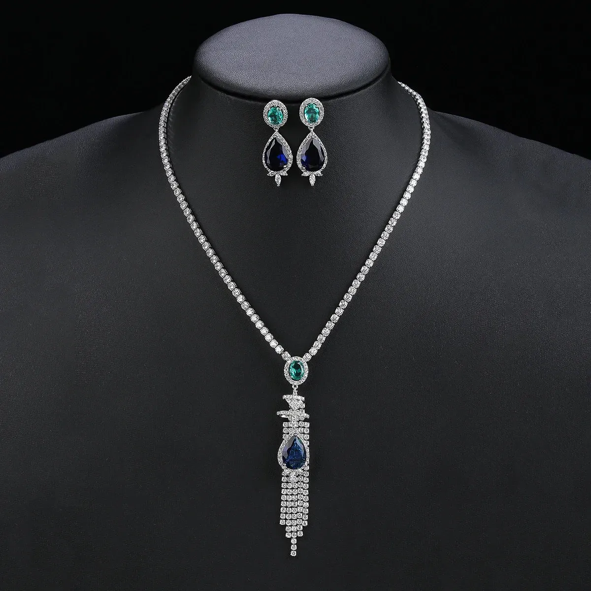 Elegant CZ Cubic Zirconia Long Tassels Pendant Necklace  Earrings Set Bridal Wedding Jewelry Sets for Women Gift CN11008