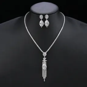 Elegant CZ Cubic Zirconia Long Tassels Pendant Necklace  Earrings Set Bridal Wedding Jewelry Sets for Women Gift CN11008