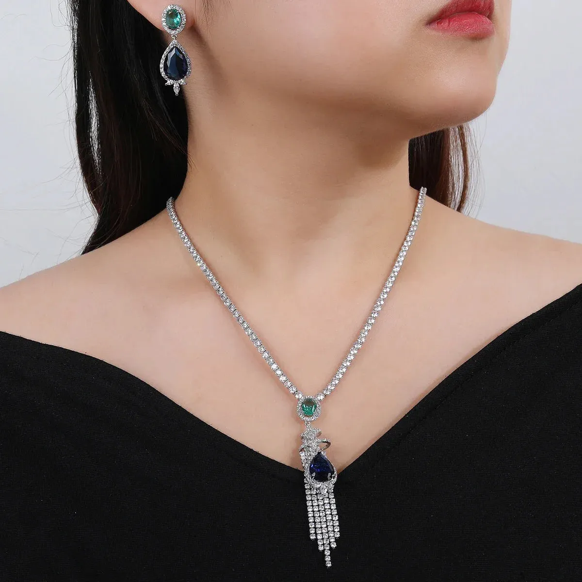 Elegant CZ Cubic Zirconia Long Tassels Pendant Necklace  Earrings Set Bridal Wedding Jewelry Sets for Women Gift CN11008
