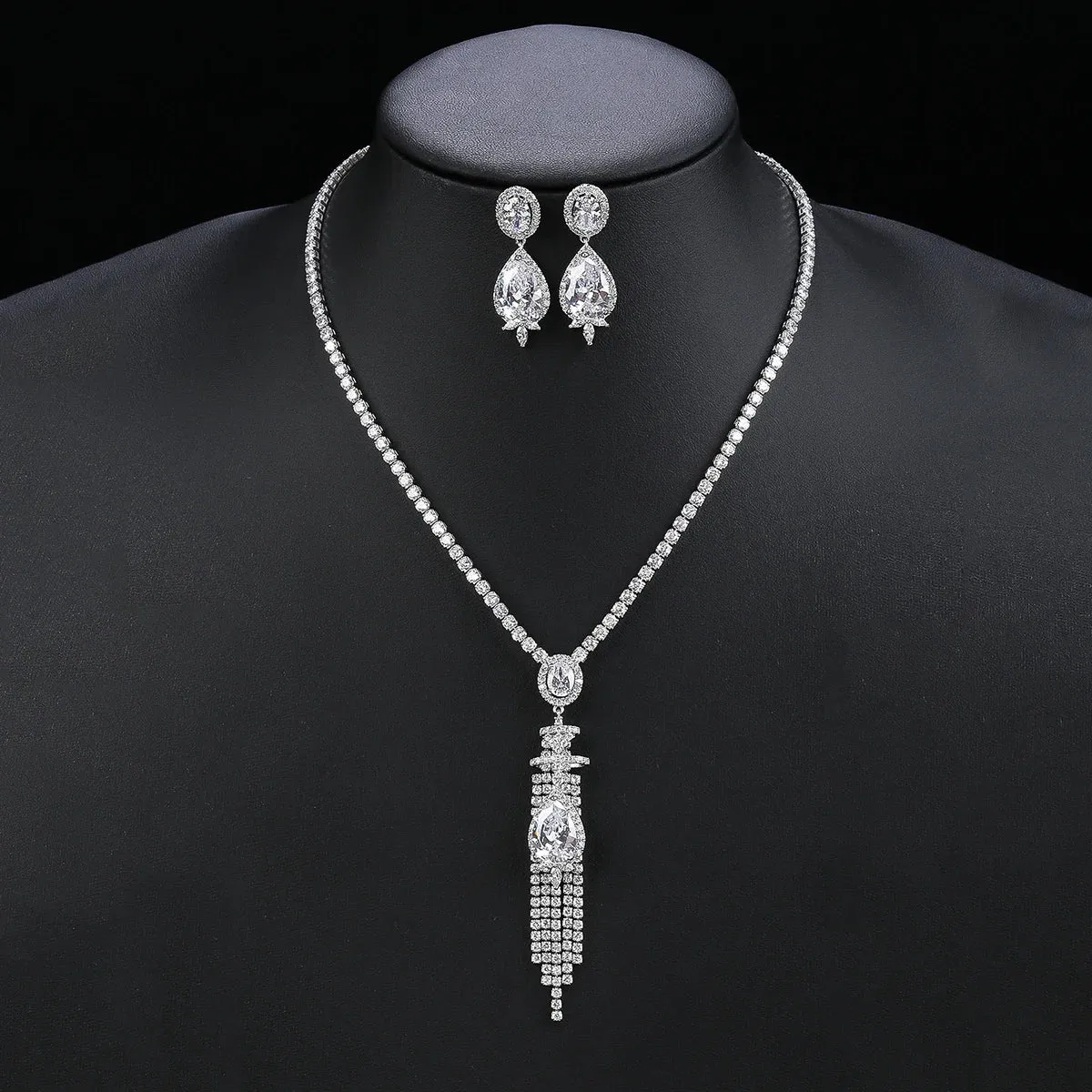 Elegant CZ Cubic Zirconia Long Tassels Pendant Necklace  Earrings Set Bridal Wedding Jewelry Sets for Women Gift CN11008