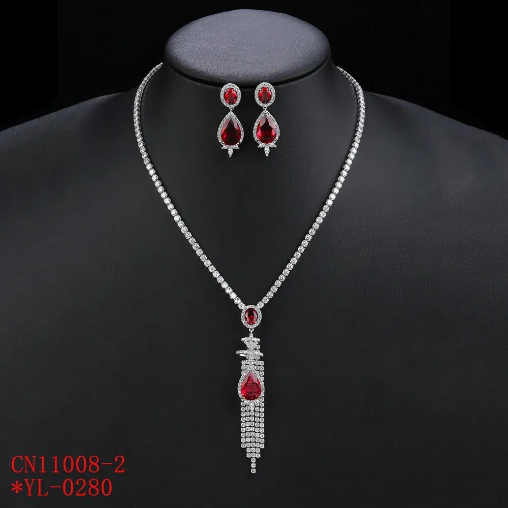 Elegant CZ Cubic Zirconia Long Tassels Pendant Necklace  Earrings Set Bridal Wedding Jewelry Sets for Women Gift CN11008