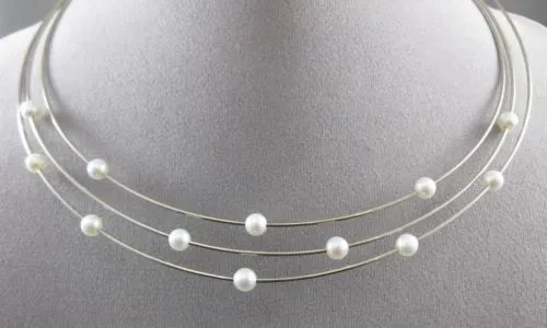 ESTATE 14KT WHITE GOLD 3 ROW FLOATING AAA SOUTH SEA PEARL CHOKER NECKLACE #22804