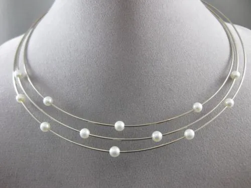 ESTATE 14KT WHITE GOLD 3 ROW FLOATING AAA SOUTH SEA PEARL CHOKER NECKLACE #22804