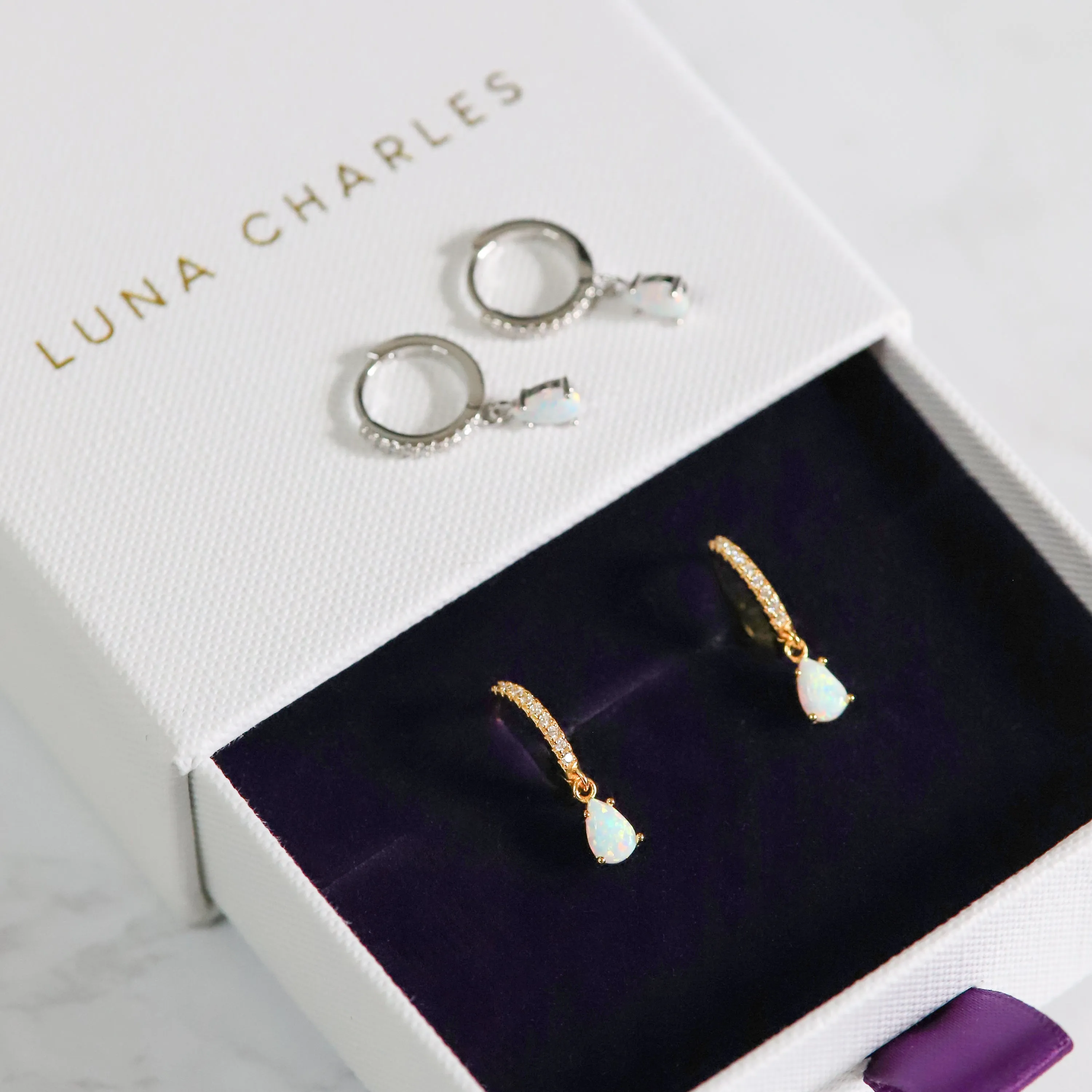 Eva Opal Charm Drop Huggies | 925 Sterling Silver
