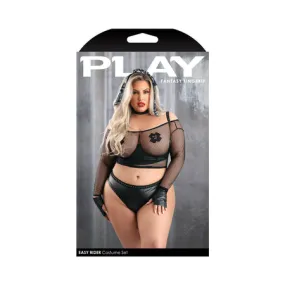Fantasy Lingerie Play Easy Rider Open Cup Bra: Long Sleeve Fishnet Top: Panty: Choker: Gloves: Bandana & 1 pair of Pasties Costume 3XL/4XL