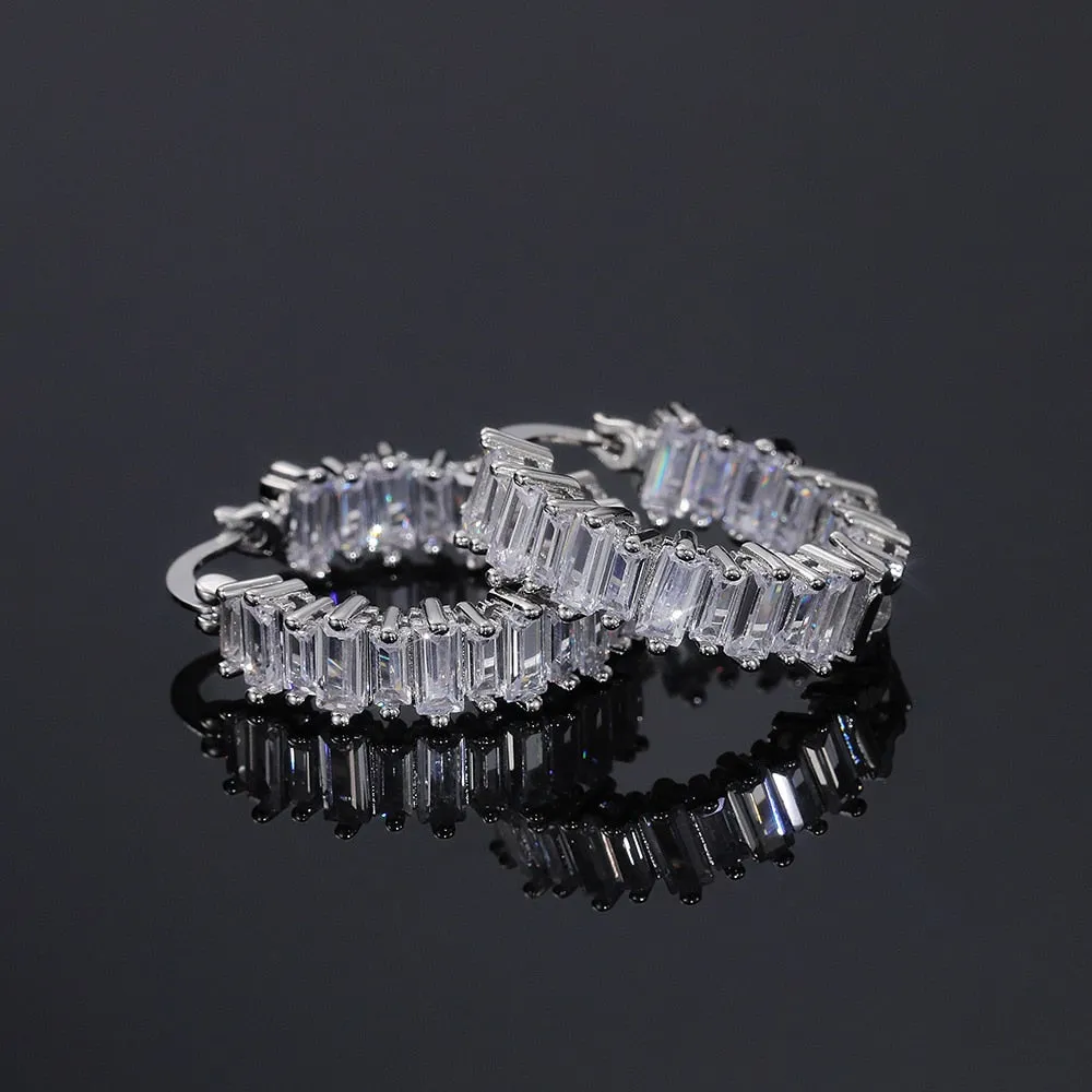 Fashion Jewelry Small Baguette Hoop Earrings for Women with Zircon in Silver Color