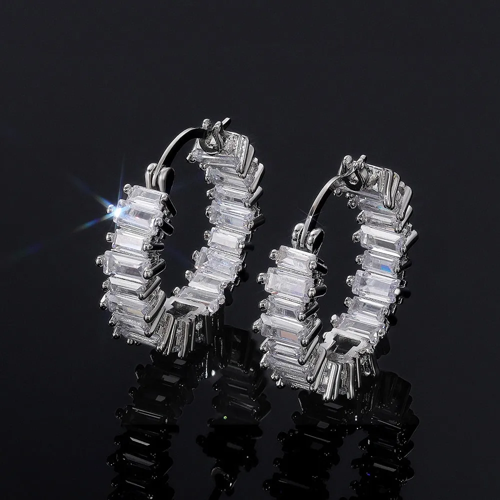 Fashion Jewelry Small Baguette Hoop Earrings for Women with Zircon in Silver Color