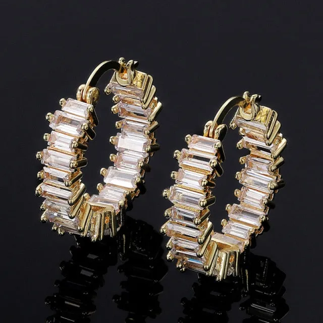Fashion Jewelry Small Baguette Hoop Earrings for Women with Zircon in Silver Color