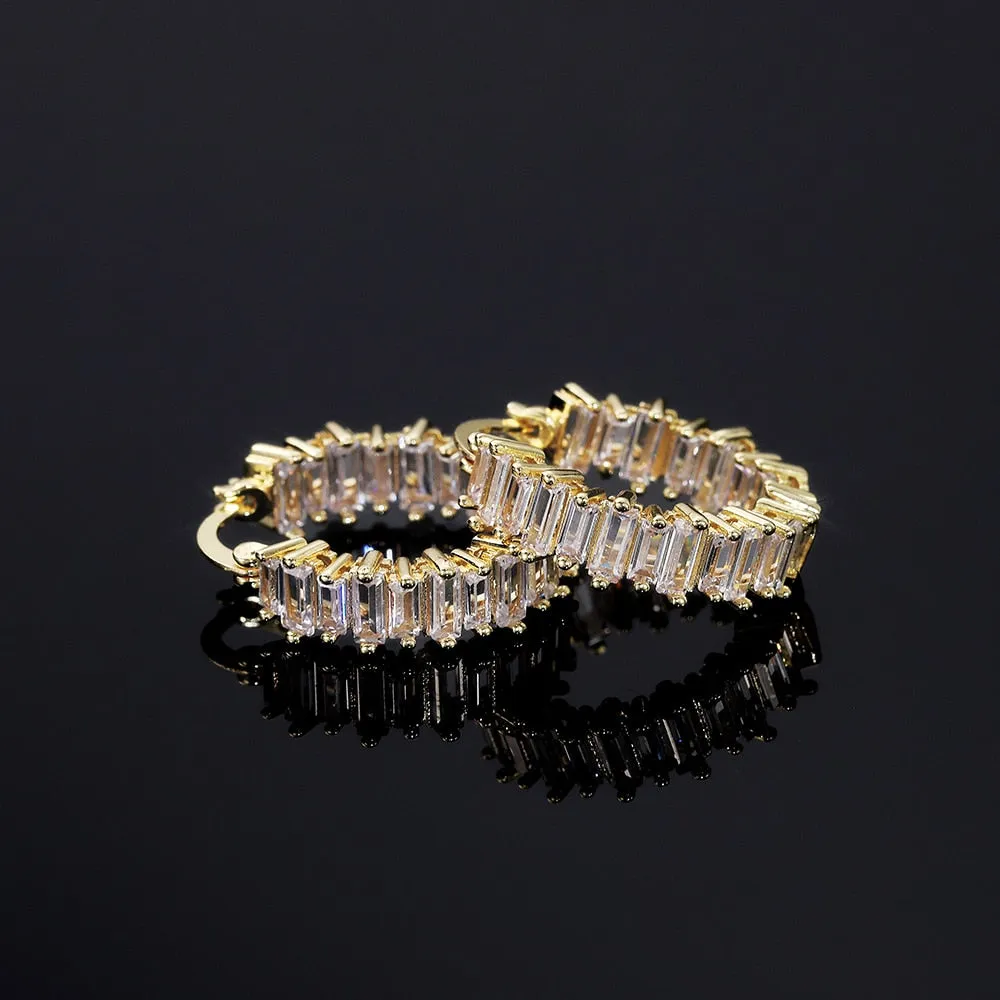 Fashion Jewelry Small Baguette Hoop Earrings for Women with Zircon in Silver Color