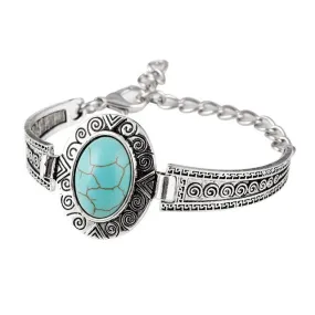 Fashion Jewelry Turquoise Stone Bracelet Silver Plated Flower Alloy Metal Carved Charm Link Chain Bracelets brazalete
