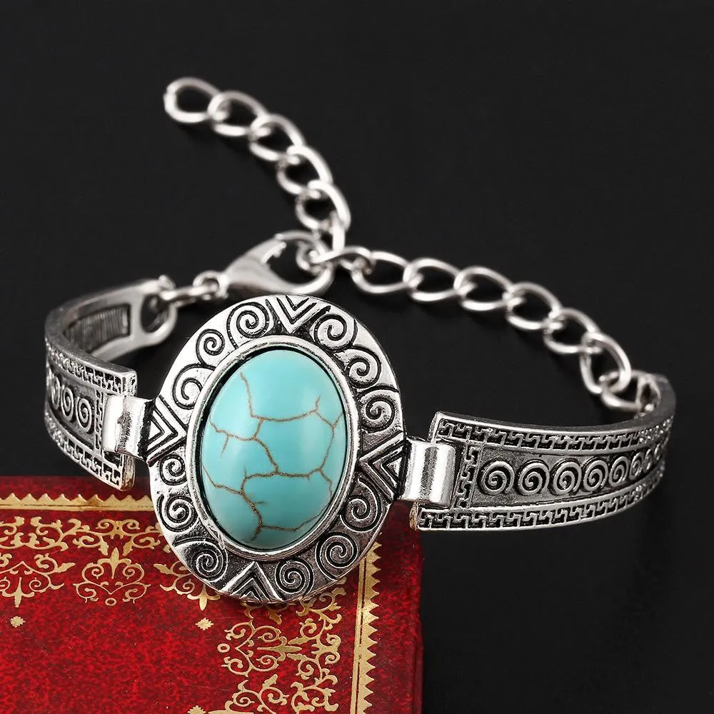 Fashion Jewelry Turquoise Stone Bracelet Silver Plated Flower Alloy Metal Carved Charm Link Chain Bracelets brazalete