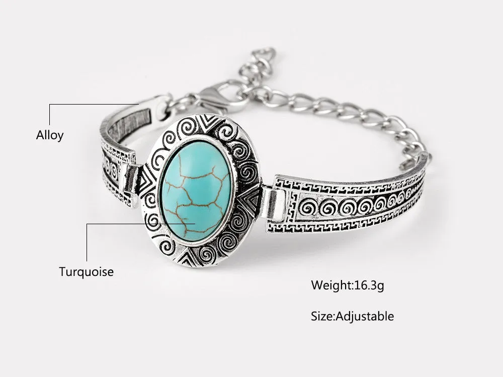 Fashion Jewelry Turquoise Stone Bracelet Silver Plated Flower Alloy Metal Carved Charm Link Chain Bracelets brazalete