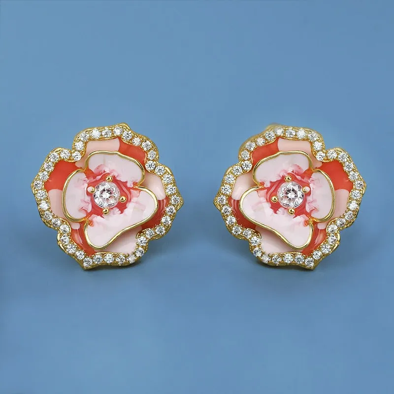 Fashion Pink Flower Earrings for Women with Handmade Enamel in 925 Silver