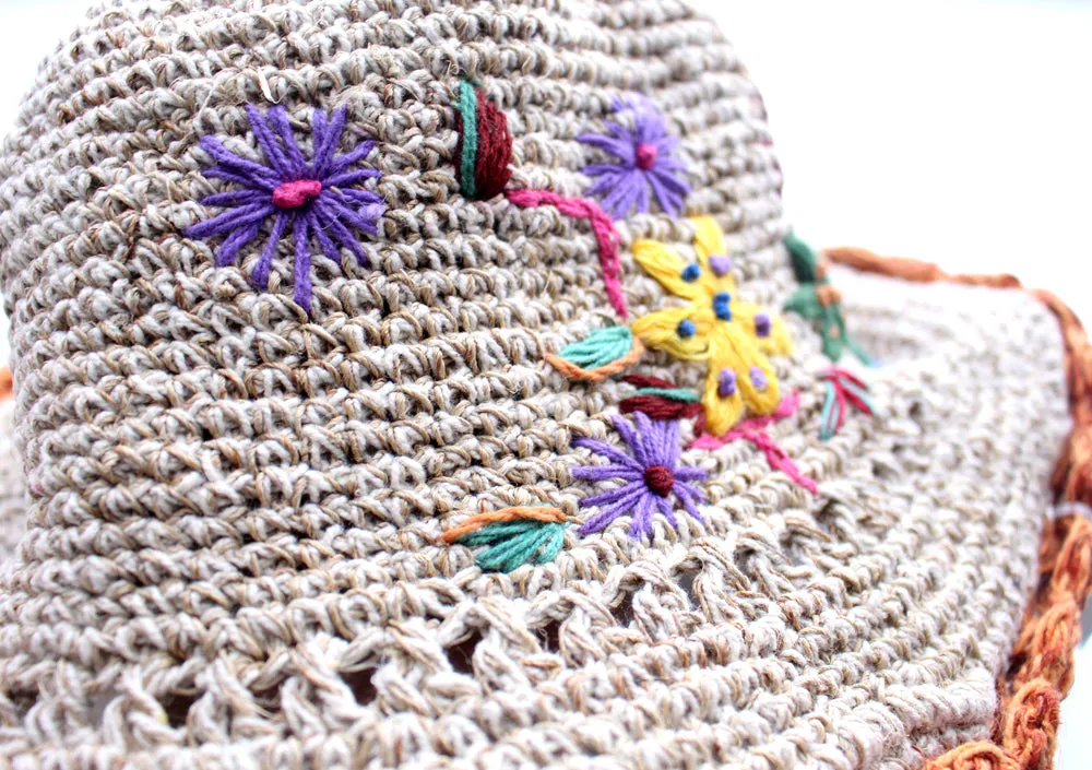 Flower Embroidered Hemp Hat with Orange Lining, Earthy Travel Hat, Hemp Sun Hat HC002