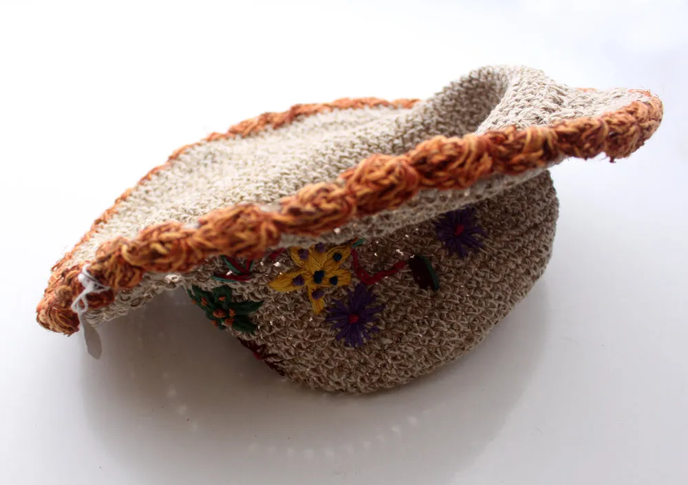 Flower Embroidered Hemp Hat with Orange Lining, Earthy Travel Hat, Hemp Sun Hat HC002