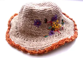 Flower Embroidered Hemp Hat with Orange Lining, Earthy Travel Hat, Hemp Sun Hat HC002