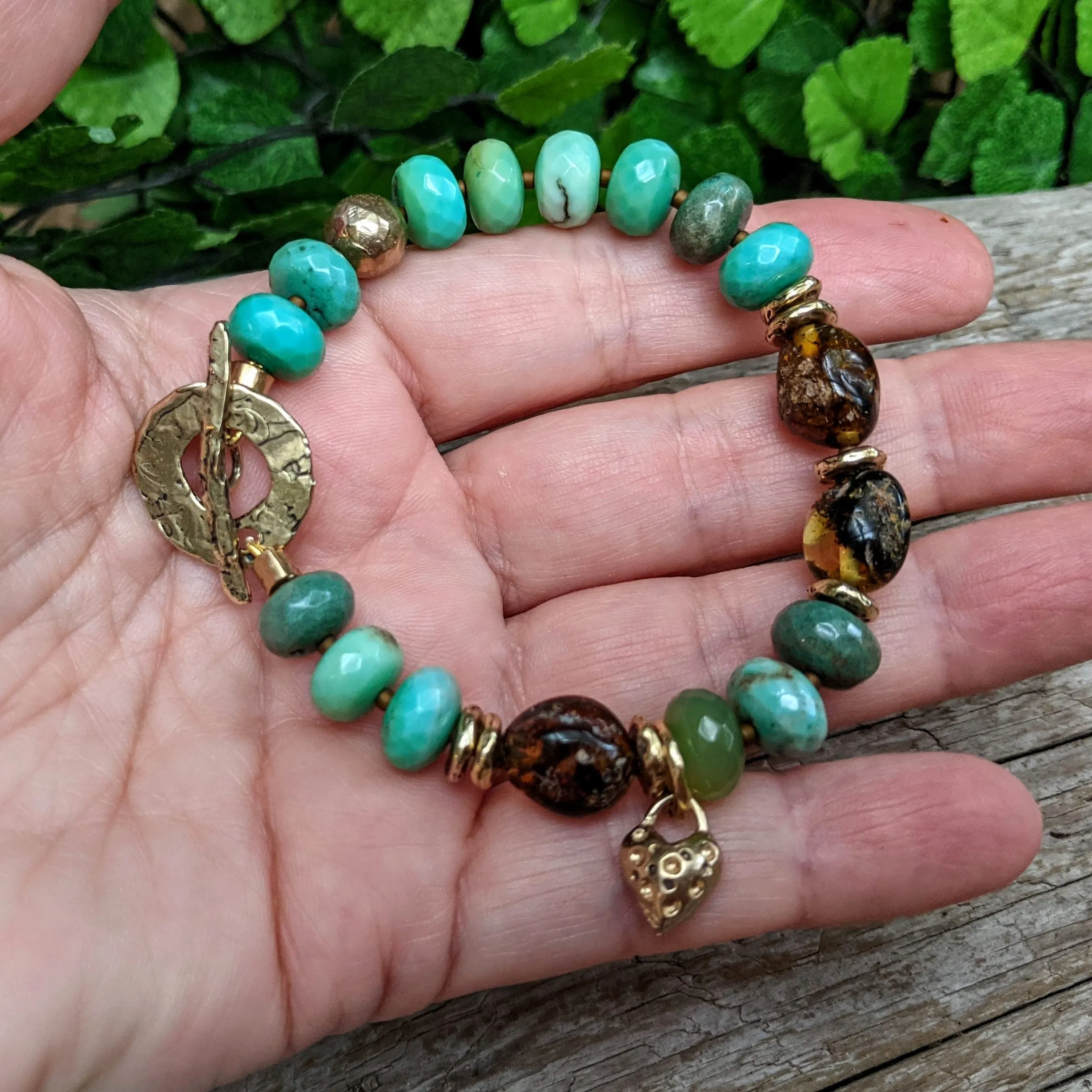 Forest Green Chrysoprase Gemstone Bracelet with Raw Baltic Amber