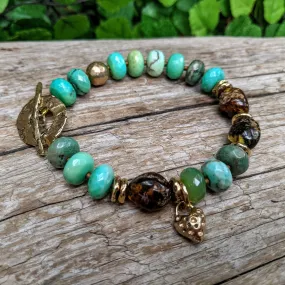 Forest Green Chrysoprase Gemstone Bracelet with Raw Baltic Amber