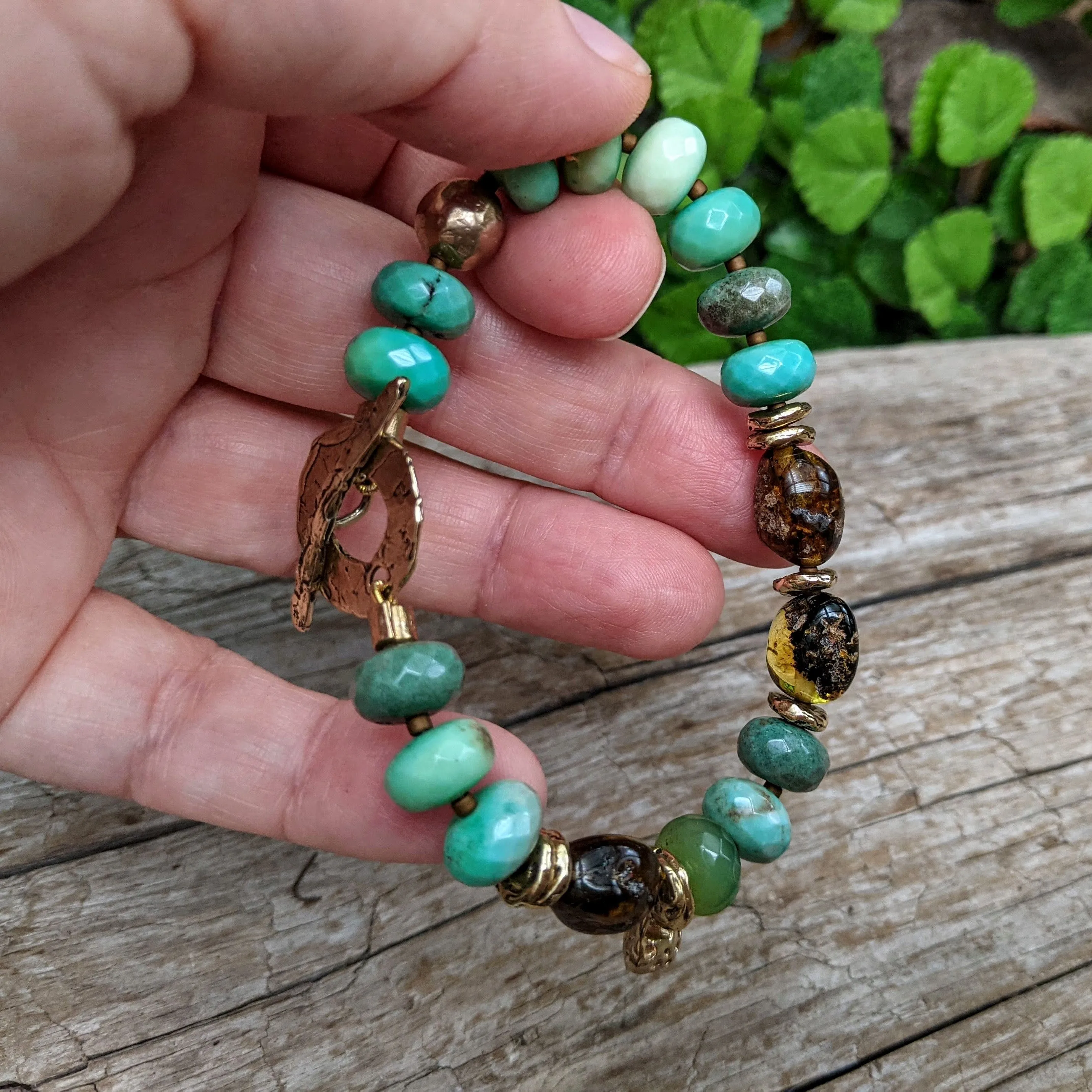 Forest Green Chrysoprase Gemstone Bracelet with Raw Baltic Amber