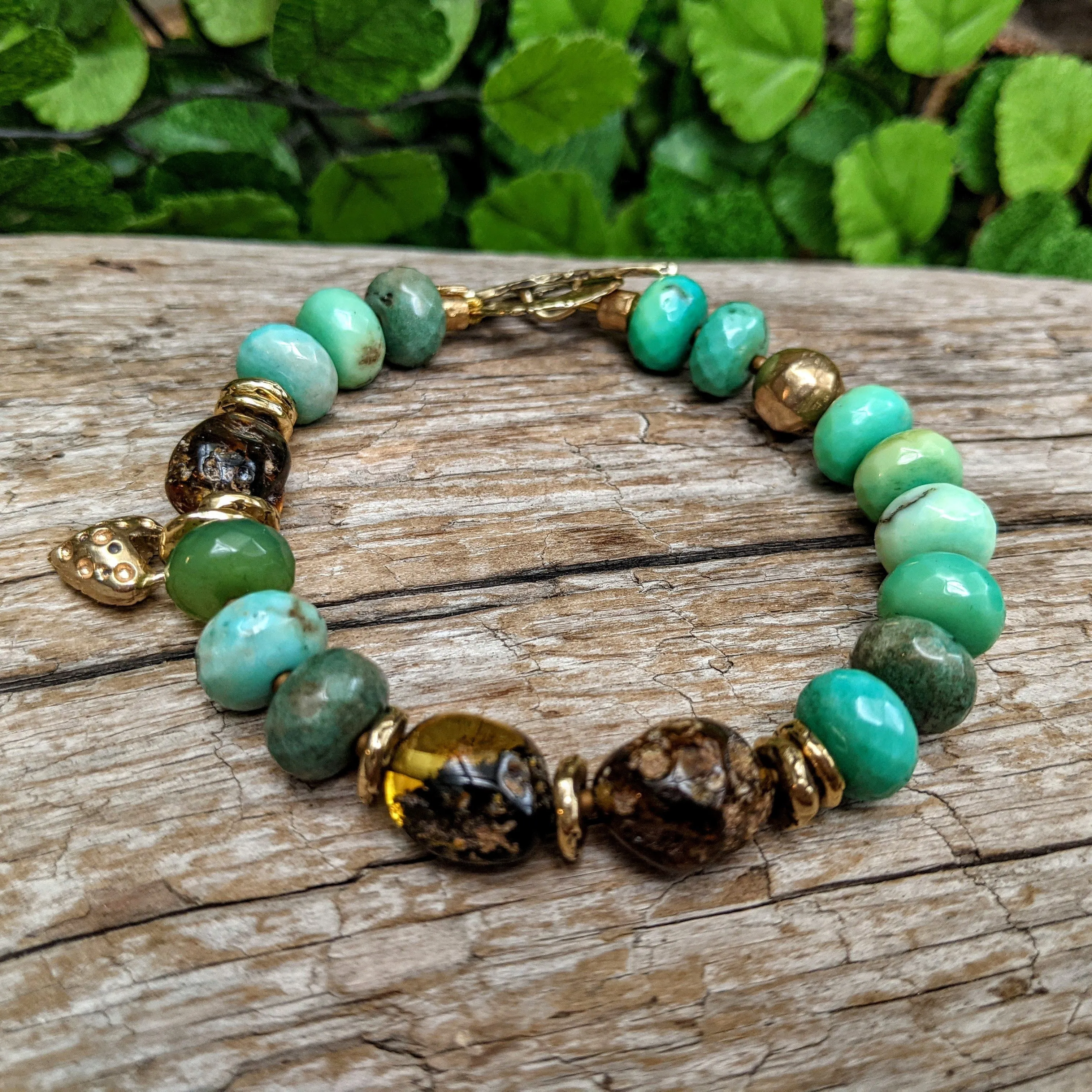 Forest Green Chrysoprase Gemstone Bracelet with Raw Baltic Amber