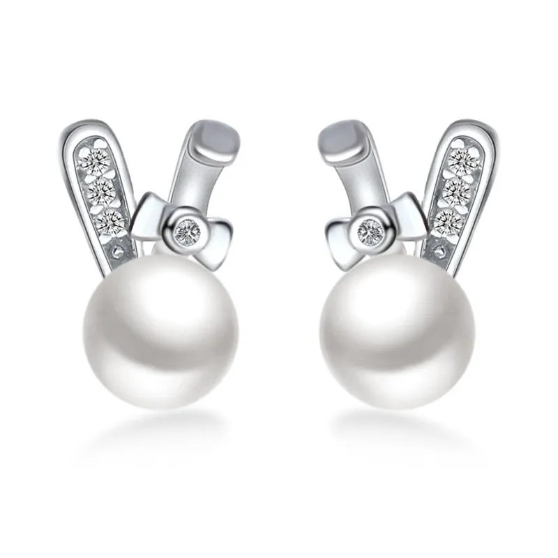 Freshwater Pearl Cute Rabbit with Zircon Silver Stud Earrings for Women