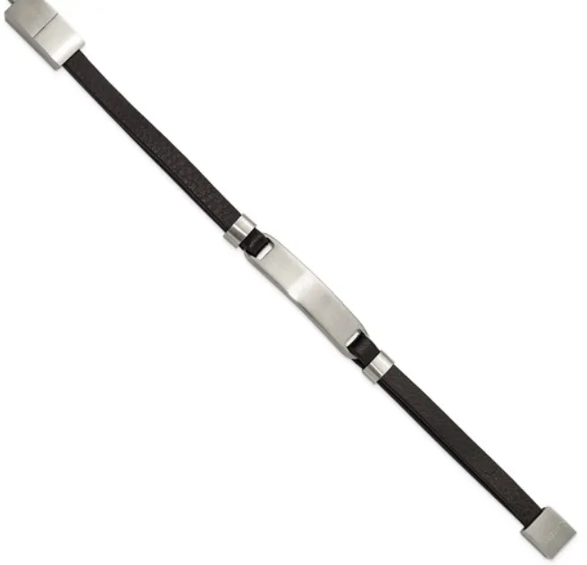 Gentlemen's Stainless Steel Brushed Black Leather 8 inch ID Bracelet (SI3596)