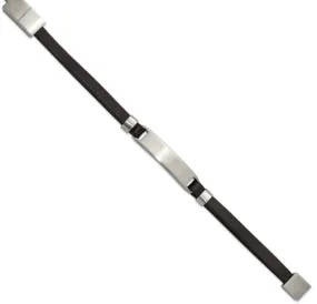 Gentlemen's Stainless Steel Brushed Black Leather 8 inch ID Bracelet (SI3596)