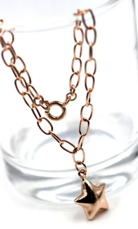 Genuine Handmade 18.5cm 9ct Rose Gold Paper Clip Paperclip Bracelet   Star Charm
