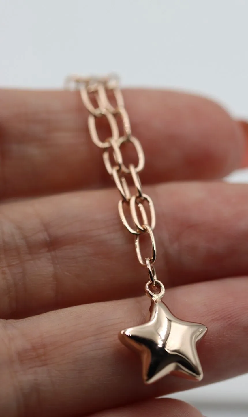 Genuine Handmade 18.5cm 9ct Rose Gold Paper Clip Paperclip Bracelet   Star Charm